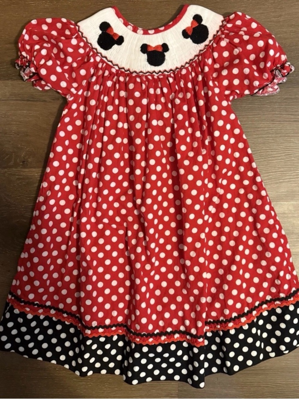 Red Polka Dot Smocked Puff Sleeve Dress with Minnie Accents